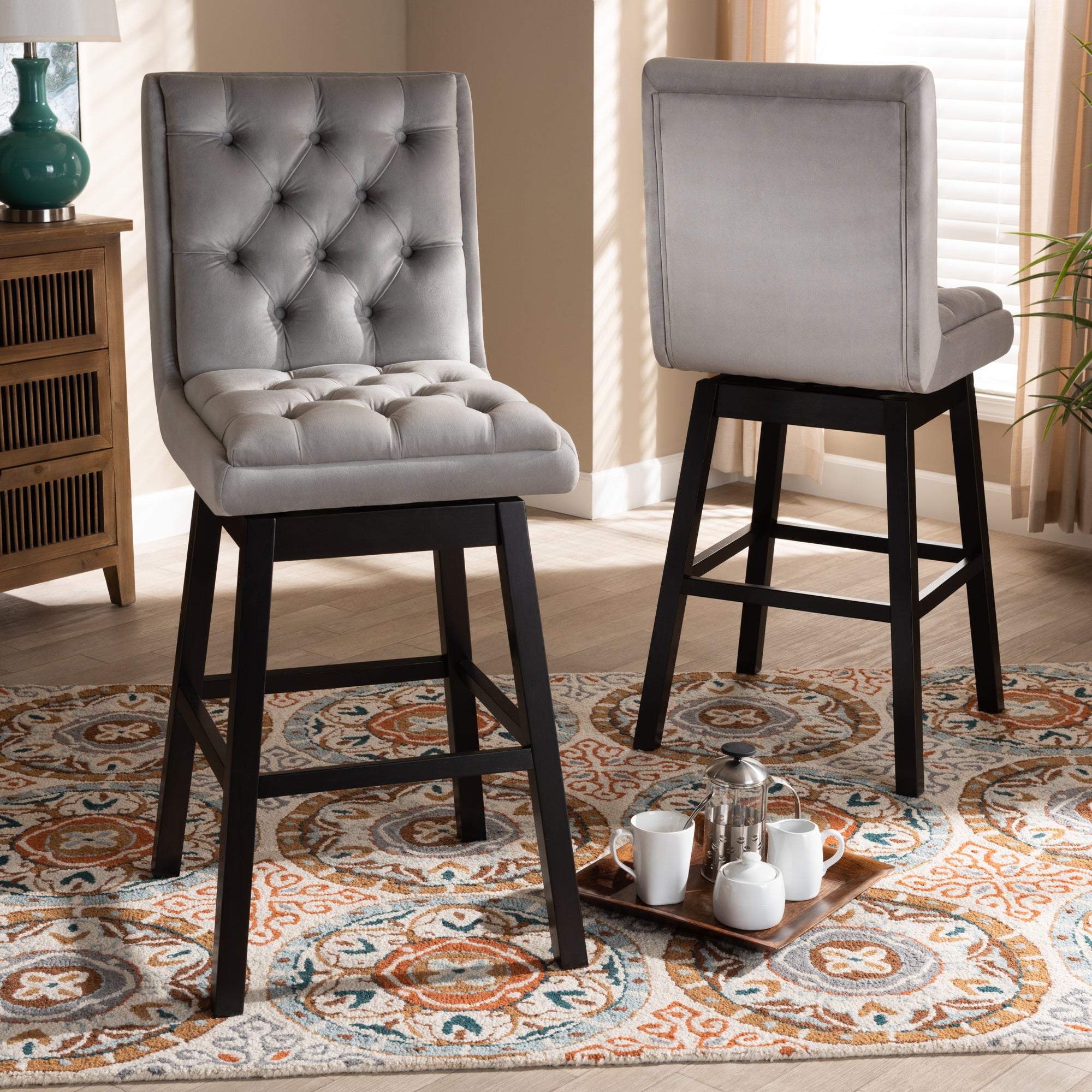 Baxton Studio Gregory Modern Transitional Light Grey Velvet Fabric Upholstered and Dark Brown Finished Wood 2-Piece Swivel Bar Stool Set Set