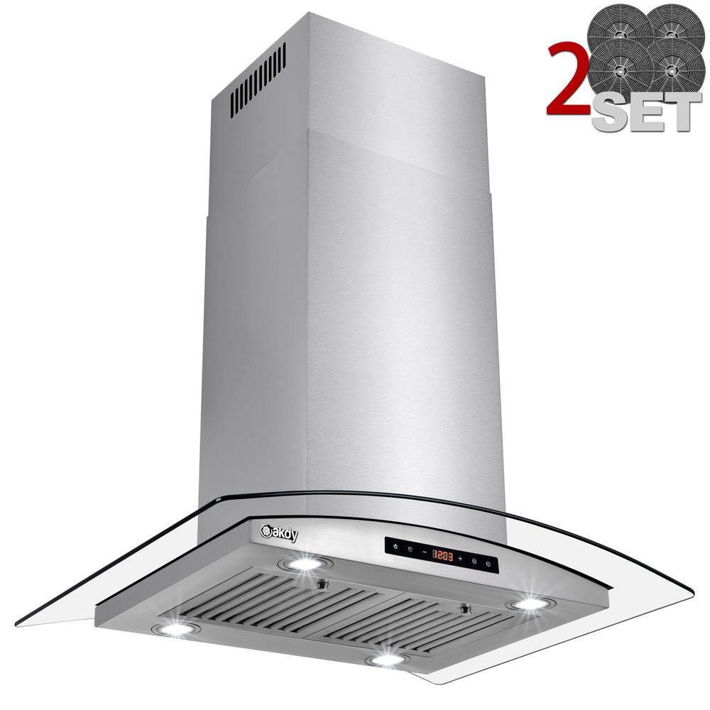 AKDY 36 in 343 CFM Convertible Island Mount Range Hood in Stainless Steel Tempered Glass with 2 Set Carbon Filter