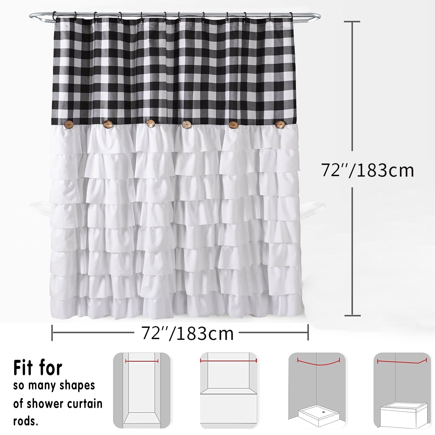 Chic Ruffled Shower Curtain with Black and White Buffalo Plaid, Boho Microfiber Bathtub Curtain with Natural Coconut Buttons, 72 x 72