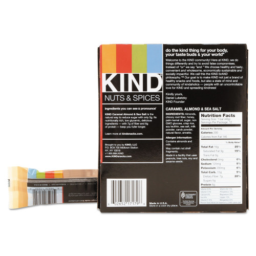 KIND Nuts and Spices Bar， Caramel Almond and Sea Salt， 1.4 oz Bar， 12/Box (18533)