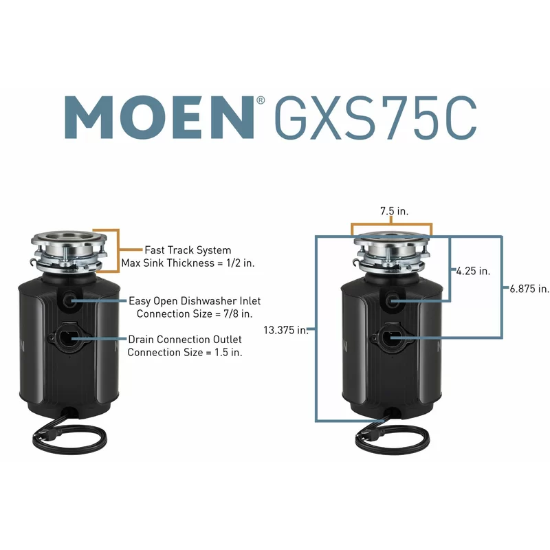 MOEN GXS75C Host Series 3/4 HP Space Saving Continuous Feed Garbage Disposal with Sound Reduction and Universal Mount