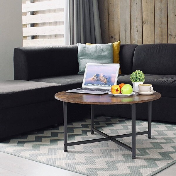 Modern Round Industrial Coffee Table with Rustic Brown Wood Top - 31.5