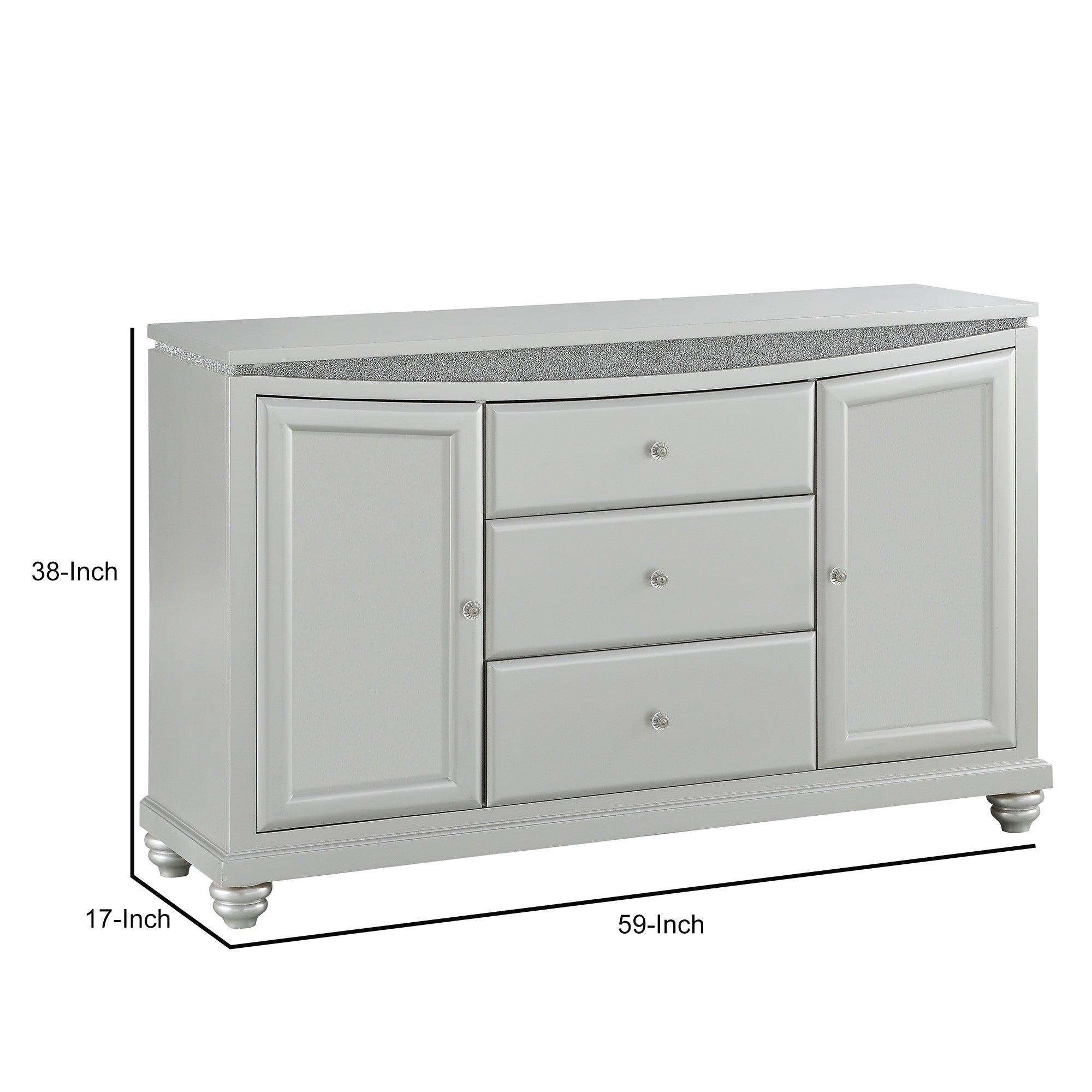 3 Drawer and 2 Door Wooden Server with Crystal Accent， Silver