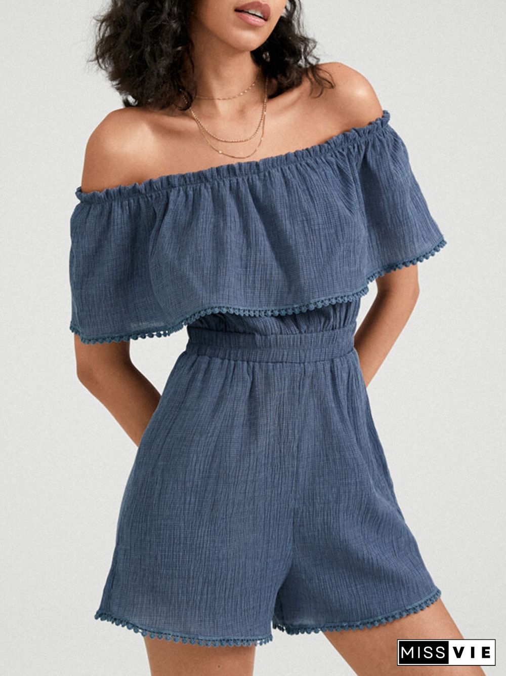 Ruffle Off Shoulder Solid Short Sleeve Women Romper