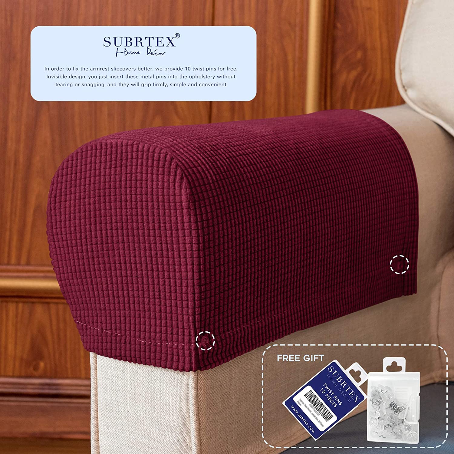 Subtrex Stretch Textured Grid Washable Sofa Armrest Slipcover (Set of 2, Wine)