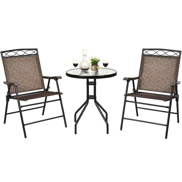 Costway 3 Pcs Bistro Conversation Patio Pub Dining Set W 2 Folding Chairs amp Glass Table