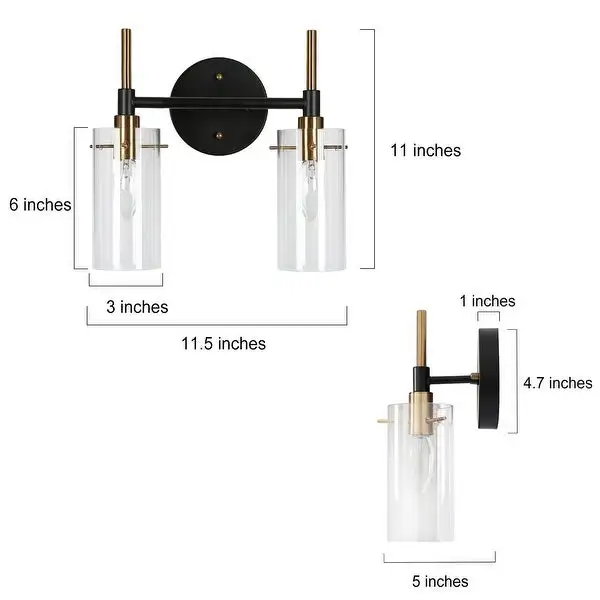 Modern Black Gold Bathroom Vanity Light Dimmable Wall Sconces with Cylinder Glass