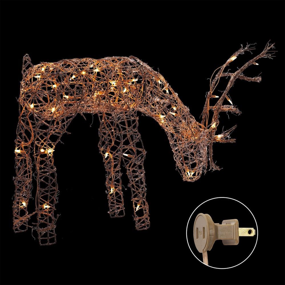 Alpine Corporation 24 in. Tall Rattan Grazing Reindeer Decoration with Halogen Lights AUH166