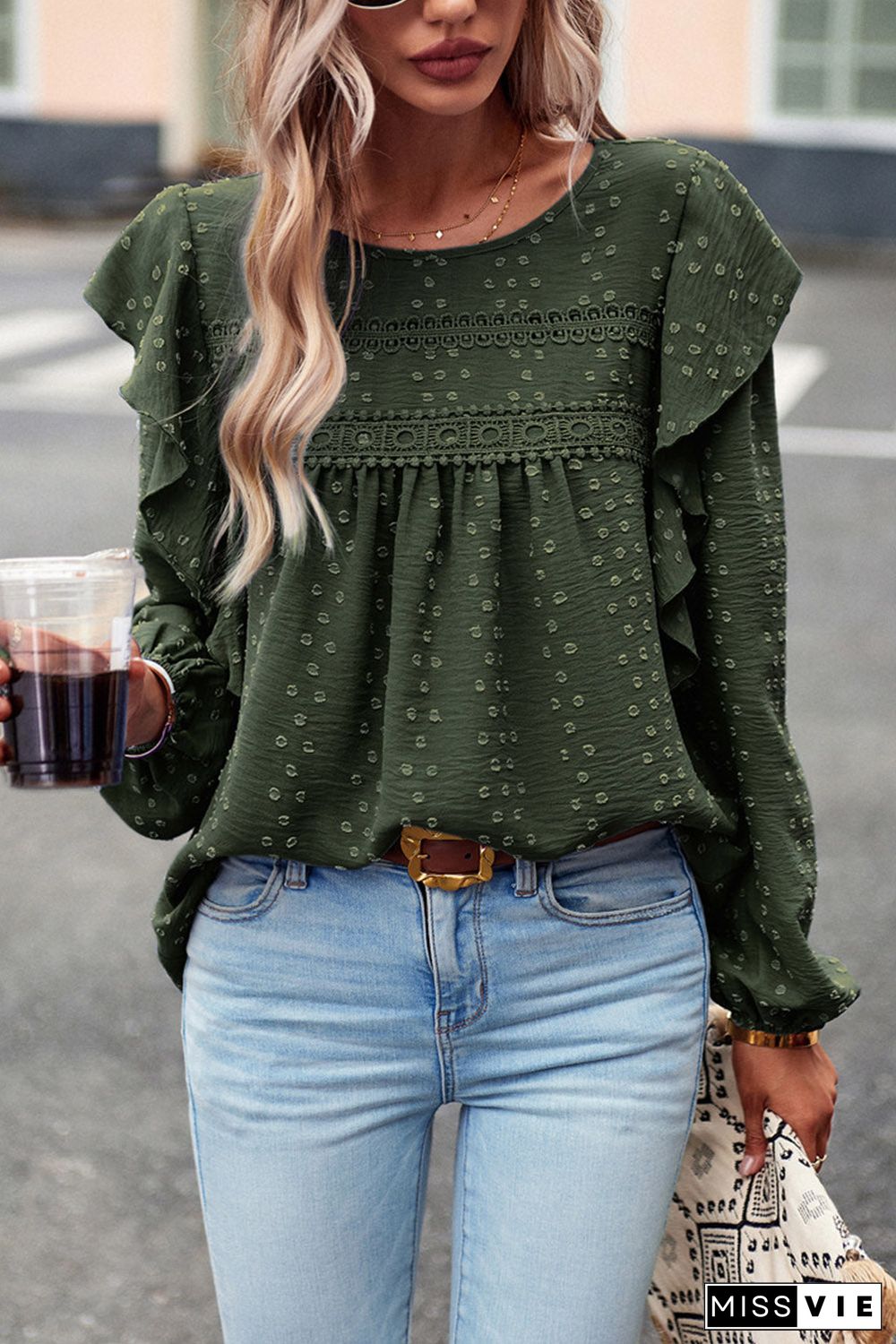 Lace Eyelet Ruffle Shoulder Long Sleeve Blouse