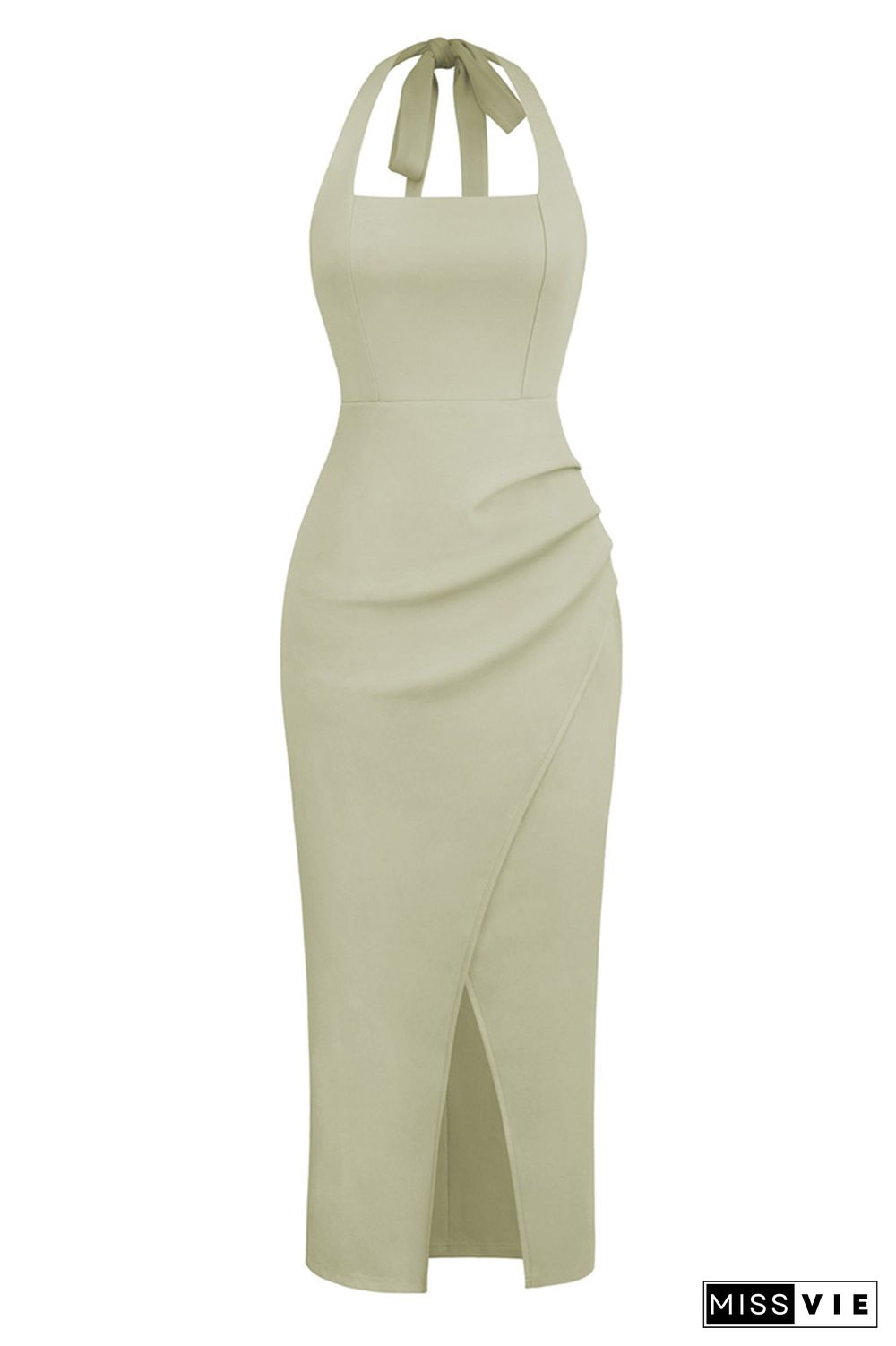 Halter Backless Ruched High Split Midi Dress