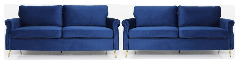 Home Square 2 Piece Velvet Living Room Sofa Set in Dark Blue   Midcentury   Loveseats   by Homesquare  Houzz