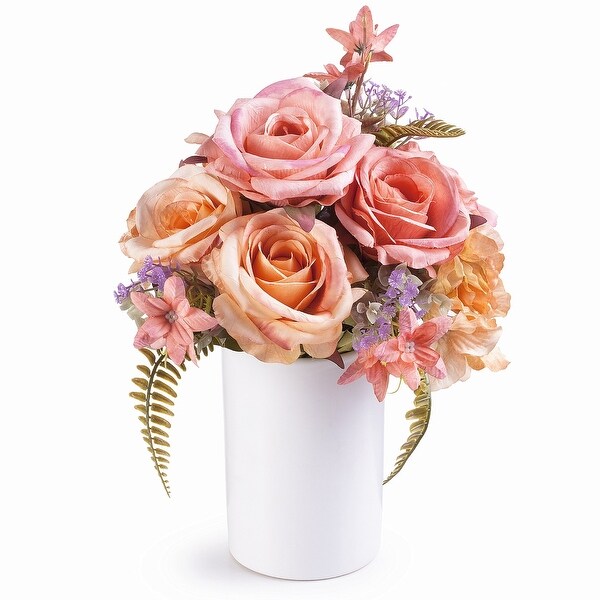 Enova Home Artificial Silk Roses and Hydrangea Fake Flowers Arrangement in Ceramic Vase with Faux Water for Home Wedding Decor