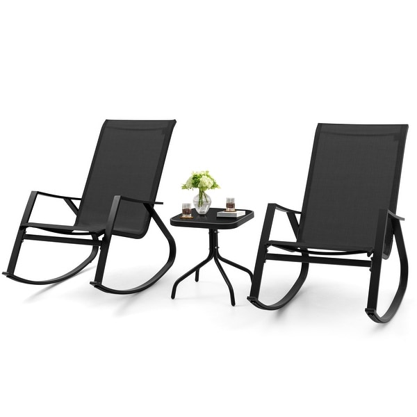 3 PCS Patio Bistro Set，Outdoor Rocking Chairs and Glass Coffee Table Side Table