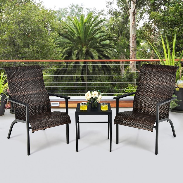 Costway 3 Pcs Patio Rattan Bistro Set High Backrest Armrest Sidetable Mix Gray mix Brown