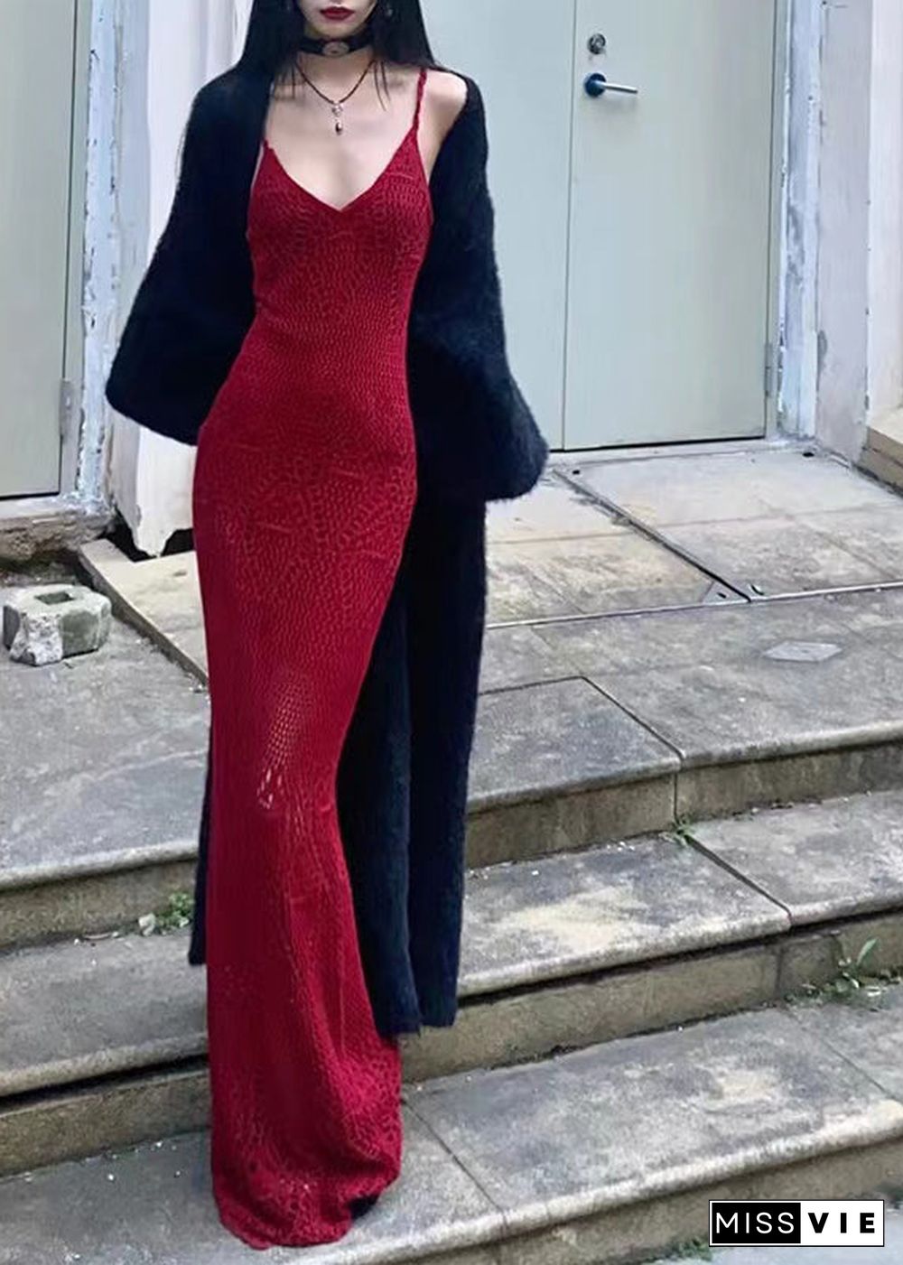 Elegant Red V Neck Solid Knit Maxi Dress Summer