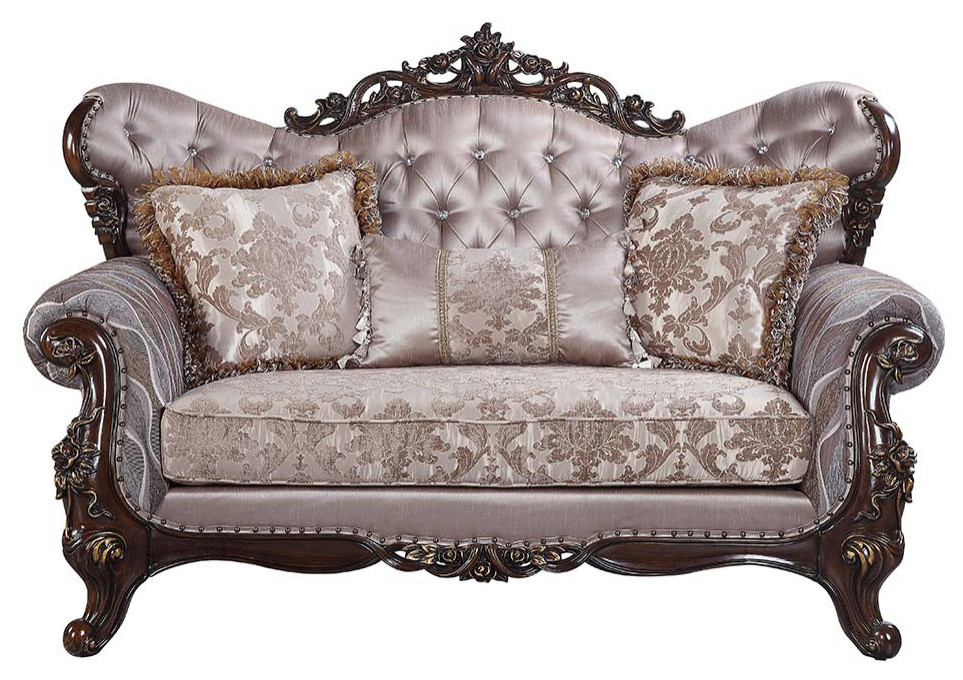 Acme Benbek Loveseat With 3 Pillows Fabric and Antique Oak Finish   Victorian   Loveseats   by AMOC  Houzz