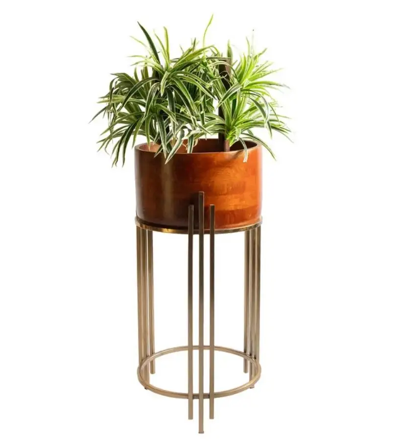 Modern Gold Metal Flower Pot with Metal Stand Tall Planter Floor Table Decor Plant Holder Display Set of 2