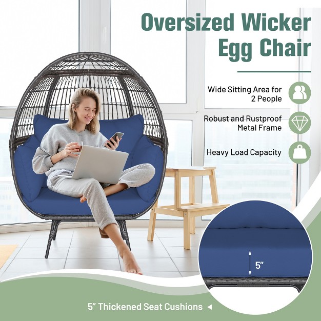 Tangkula Patio Rattan Wicker Lounge Chair Oversized Outdoor Metal Frame Egg Chair W 4 Cushions