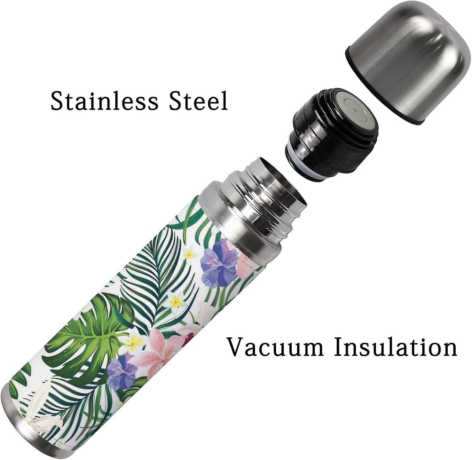 Insulated Mug Stainless Steel Water Bottle Tropical Hibiscus Flowers And Palm Leaves Vacuum Cup Travel Mug