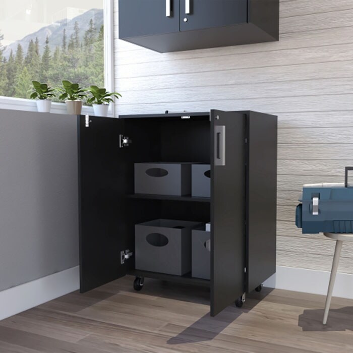 Two Door storage cabinet Black accent cabinet Particle Boar casters