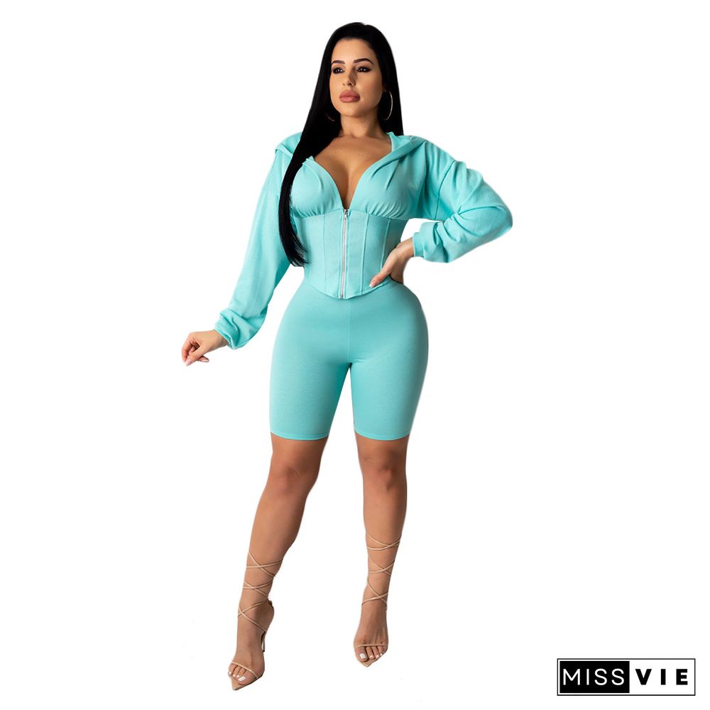 New Women Zipper Long Sleeves Hoodies With Bodycon Shorts 2 Pieces