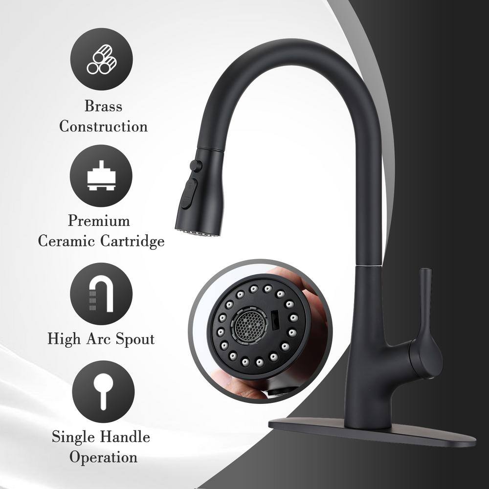 UPIKER Single-Handle Pull Down Sprayer Kitchen Faucet with Deckplate Included and 3 Modes in Matte Black UP2304KFMB0008