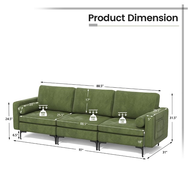 Costway Modular 3 seat Sofa Couch W Socket Usb Ports amp Side Storage Pocket Army Green