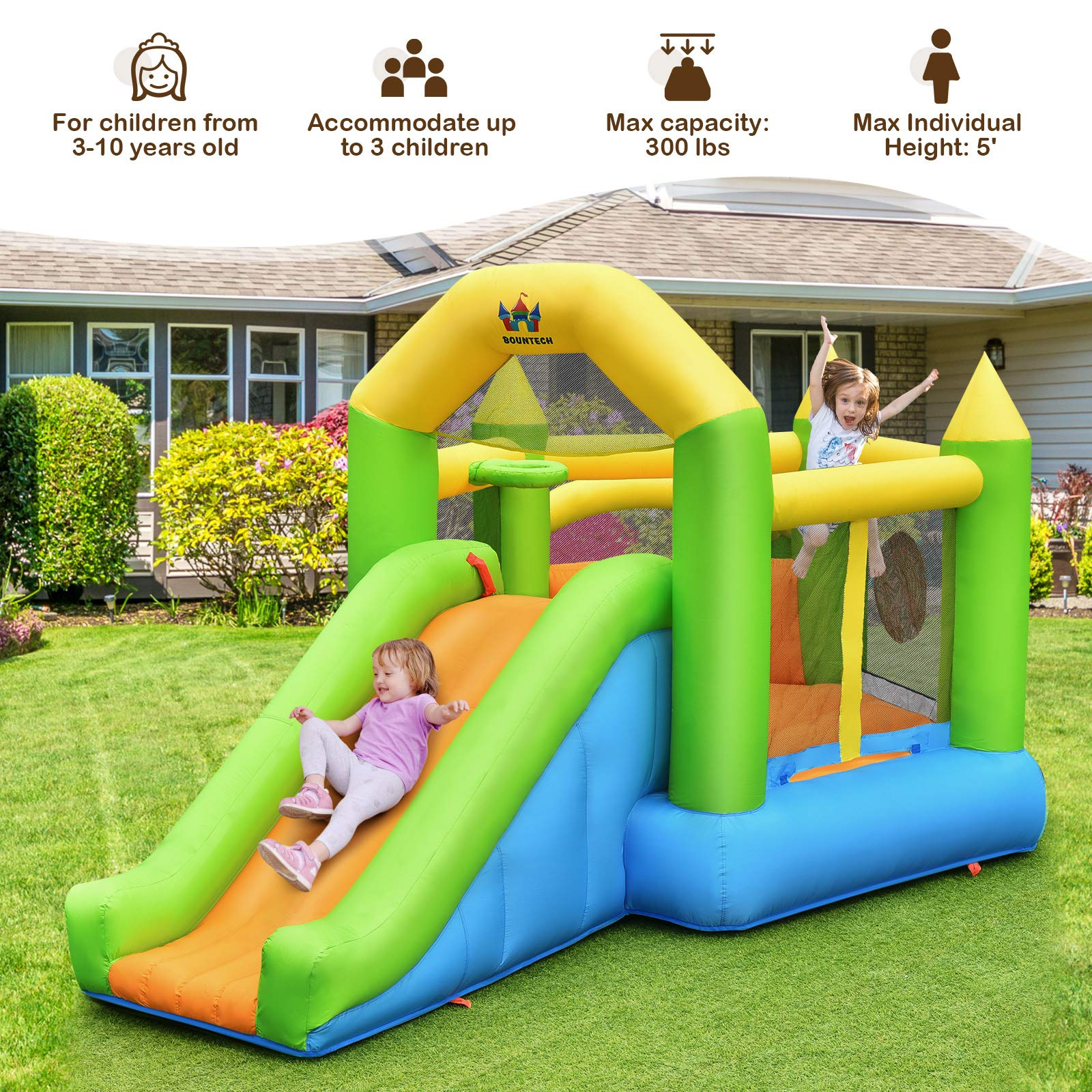 BOUNTECH Inflatable Bounce House, Kids Jump 'n Slide Bouncer w/ Long Slide