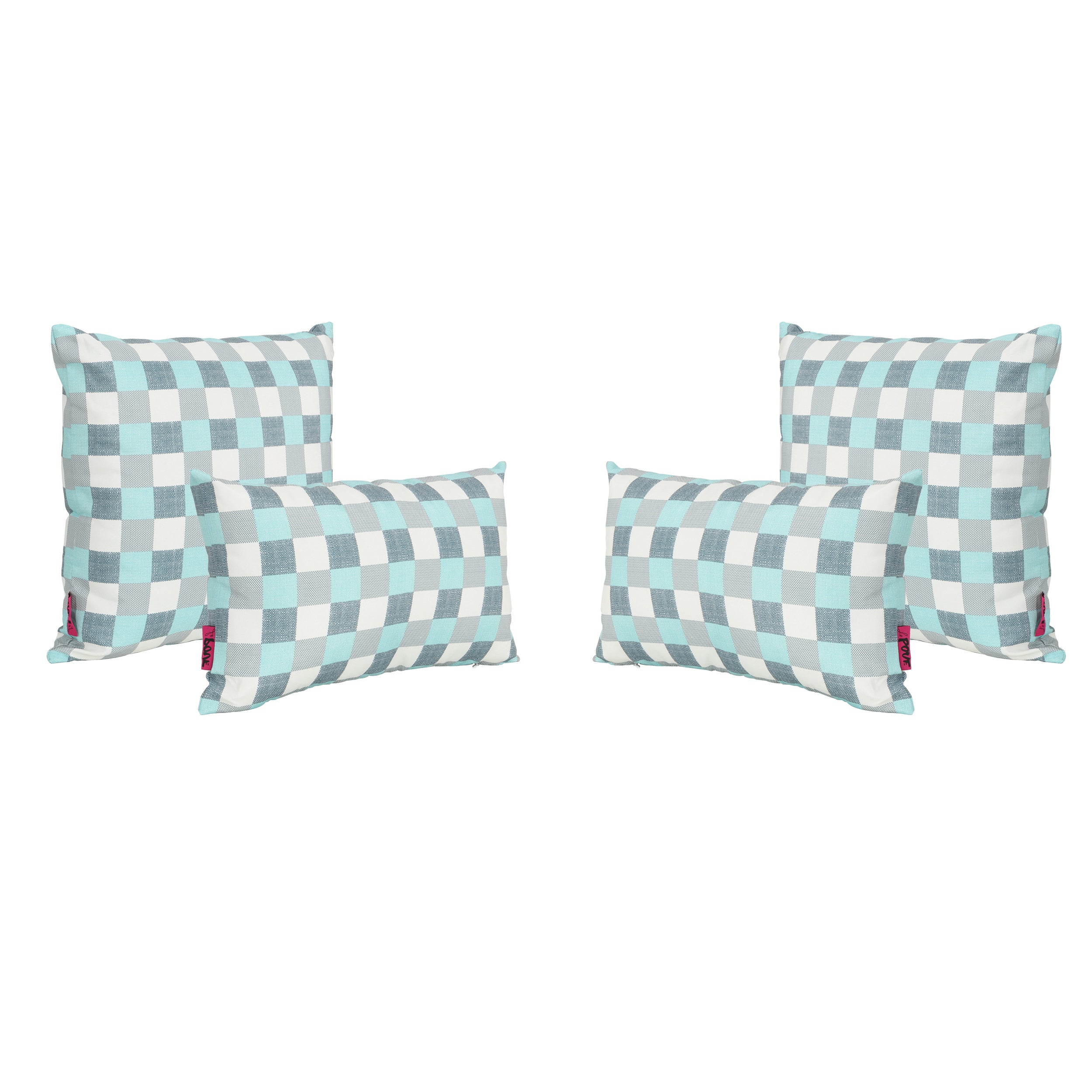 Pendry Outdoor Blue and White Plaid Water Resistant Tasseled Square and Rectangular Throw Pillows (Set of 4)