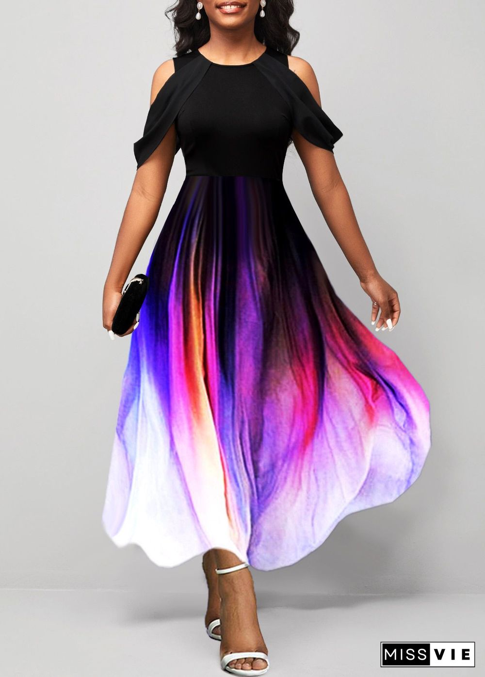 Gradient Printed Off Shoulder Short Sleeve Dresses