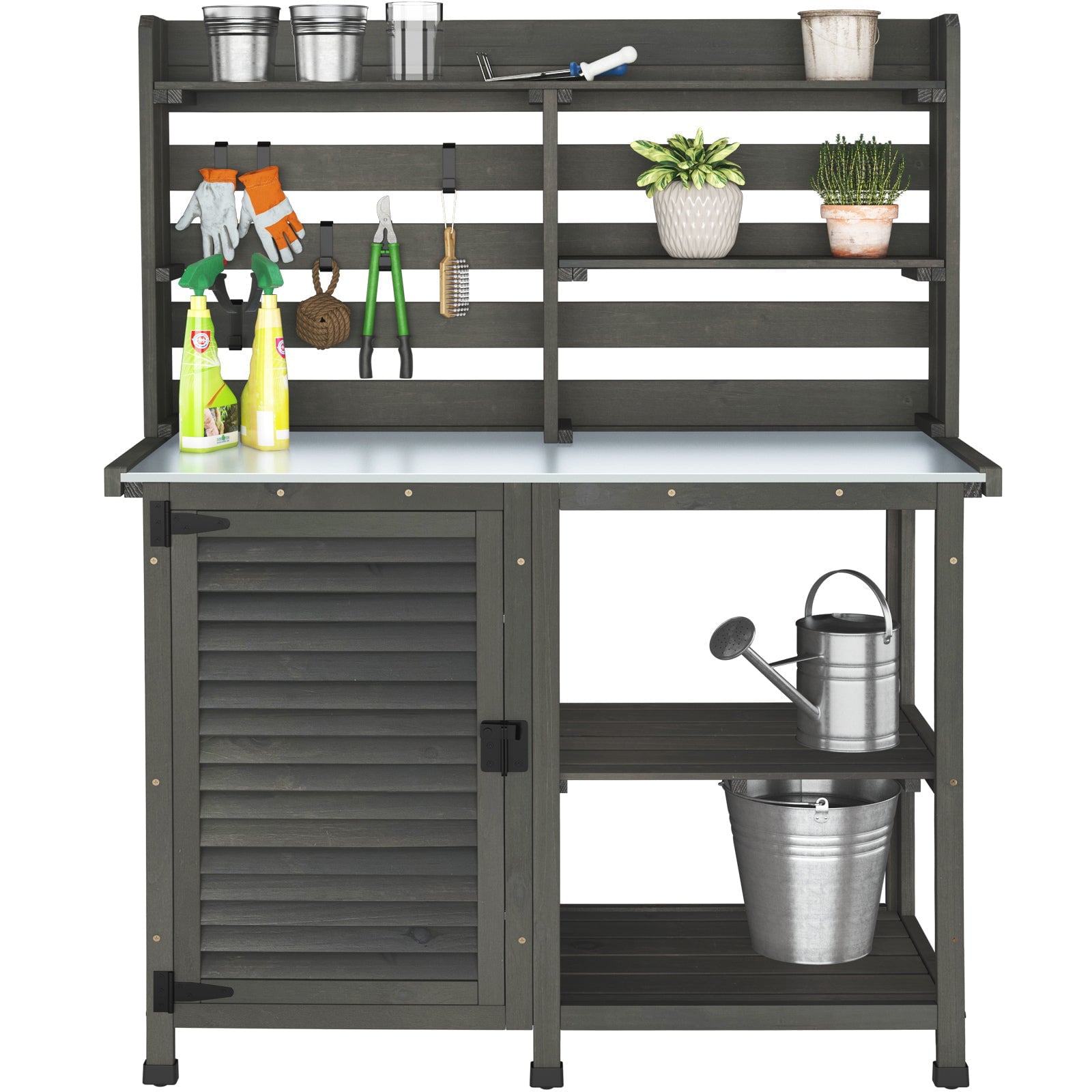 GDLF Potting Bench Table Large Garden Outdoor Metal Tabletop Workstation, Storage Cabinet Shelf