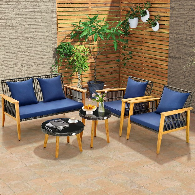 Costway 5pcs Outdoor Rattan Woven Conversation Set Stable Acacia Wood Frame For Backyard Navy beige