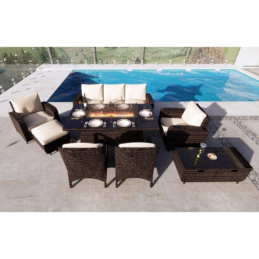 Moda Morden 8 piece Outdoor Wicker Sofa with Fire Pit Table 2 Chairs