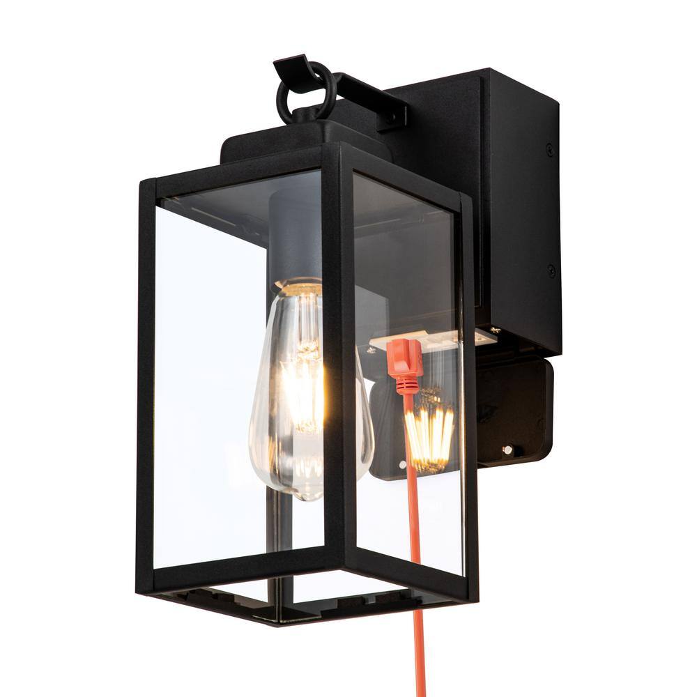 C Cattleya 1-Light Matte Black Aluminum Hardwired Outdoor Wall Lantern Sconce with GFCI Outlet LA2281-W