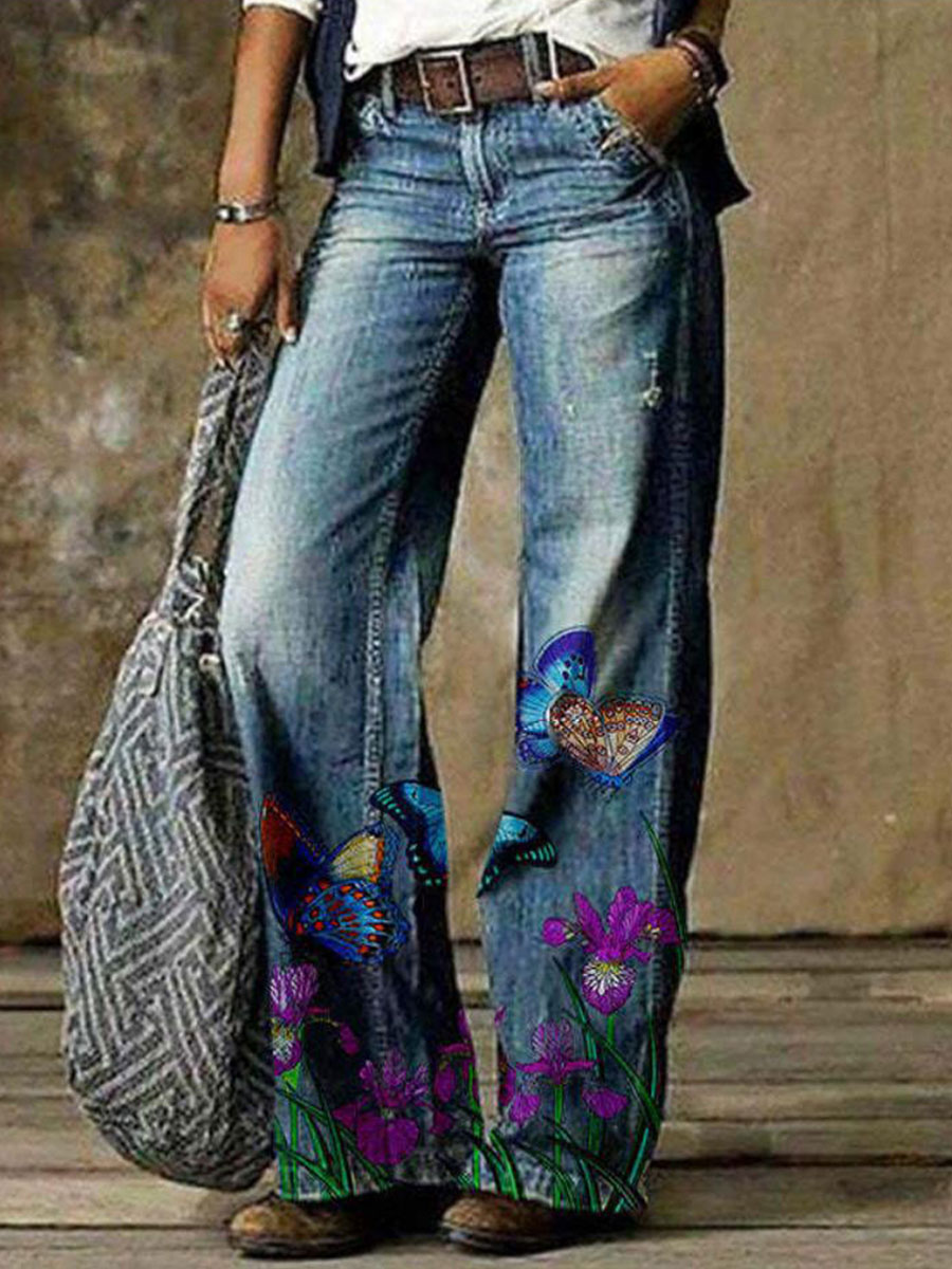 Casual Loose Butterfly Print Jeans