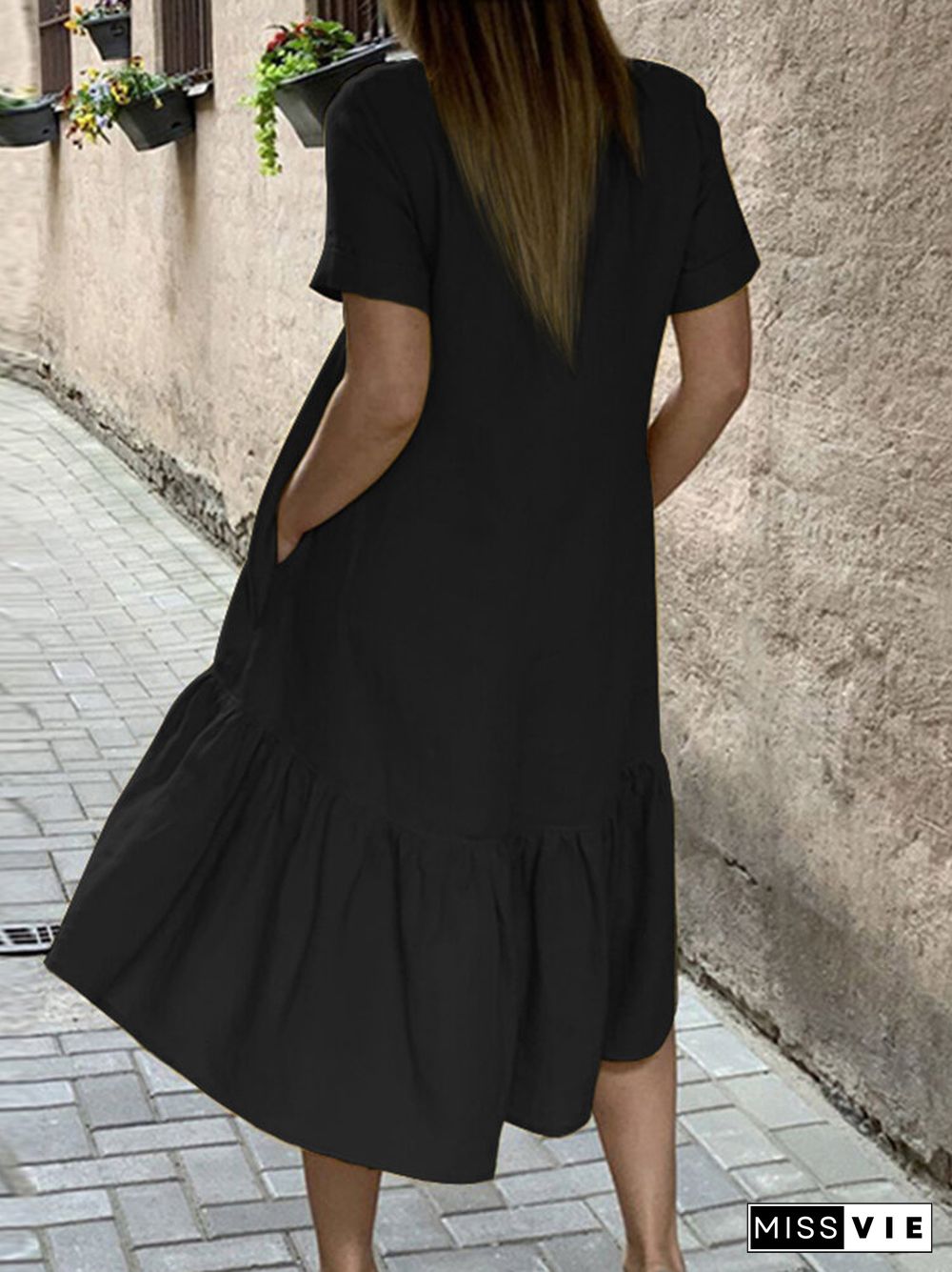 Solid Ruffle High-Low Hem Casual Cotton Midi Dress