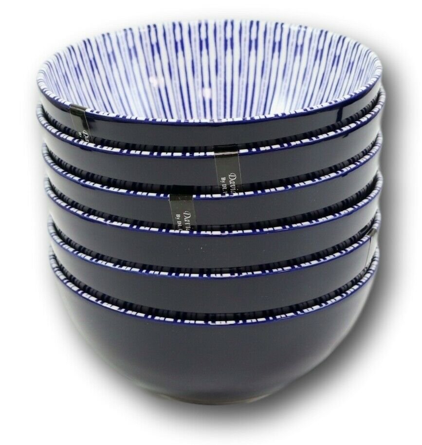 1 Pack Of 6 Artistic Blue Stripes 'Focus' Cereal Soup Pasta Ceramic Bowls 20oz EBR02