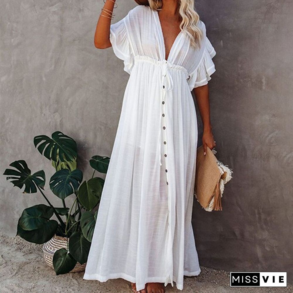 Woman Bohemian Boho Fashion Elegant Sexy V Neck Bikini Cover-ups Long White Tunic Casual Summer BeachDress Elegant Women BeachWear Swim Suit Cover Up Loose Maxi Pregnant Maternity Dresses Plus Size