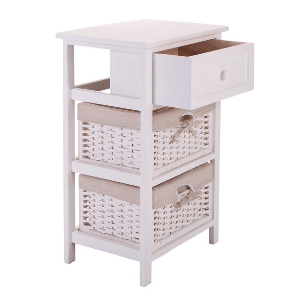 Wood Side Table With Drawer and 2 Basket in White