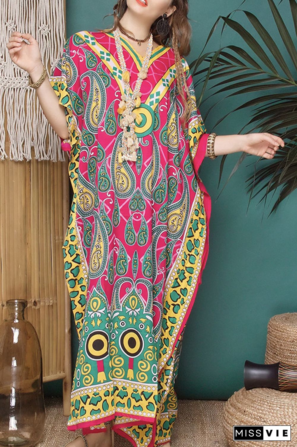 V Neck Ethnic Print Kimono Cover Up Dress