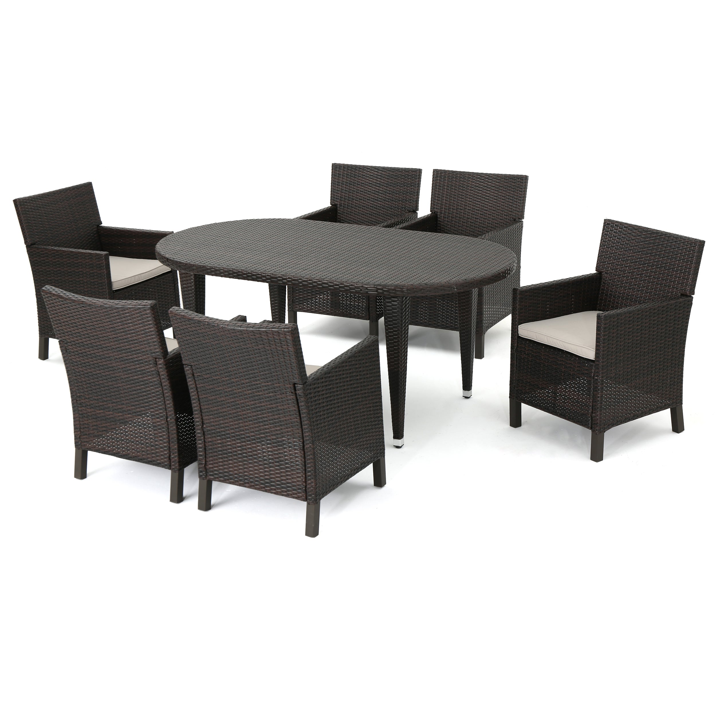 Crete Outdoor 7 Piece Wicker Oval Dining Set with Water Resistant Cushions