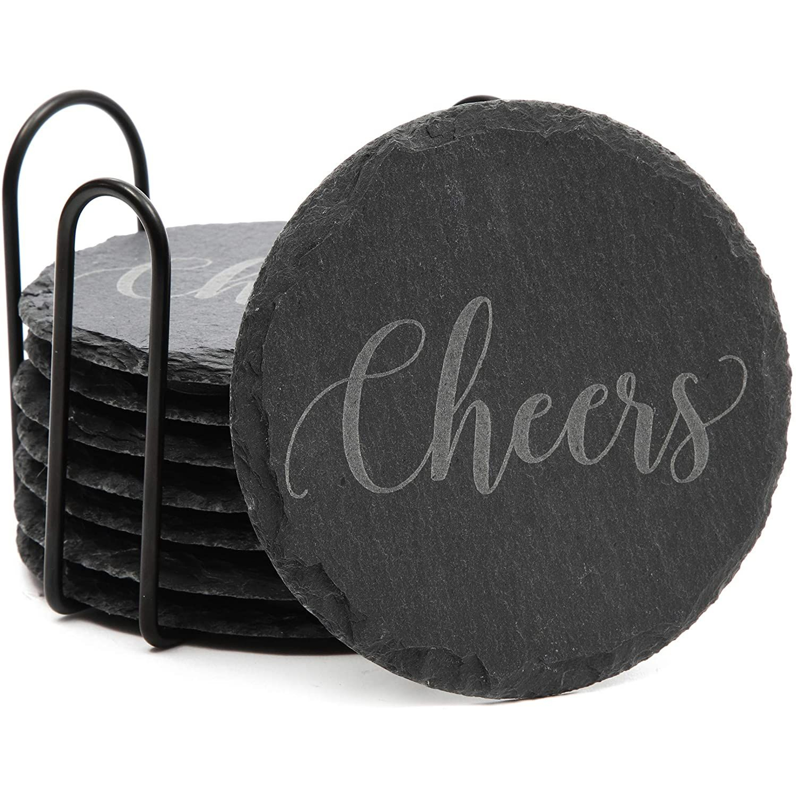 8-Pack Round Black Slate Stone Coasters Set for Drinks Cups with Steel Holder Stand 3.8-inch