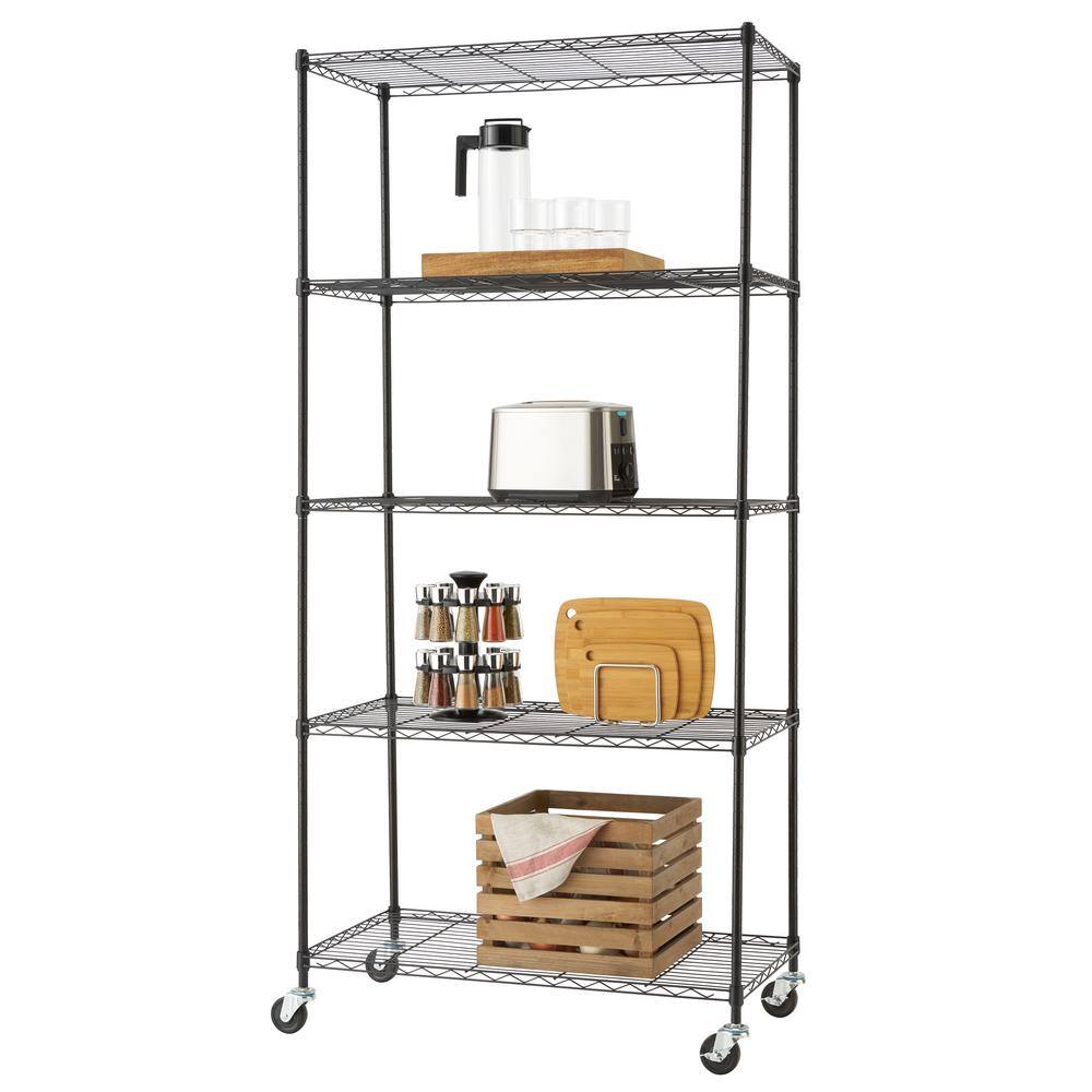 TRINITY EcoStorage Black 5-Tier Rolling Steel Wire Shelving Unit (36 in. W x 76 in. H x 18 in. D) TBFPB-0933