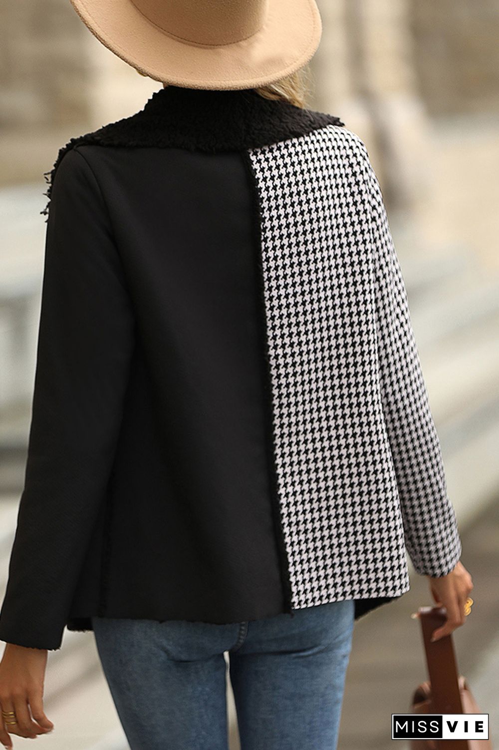 Houndstooth Lapel Collar Color Block Fleece Lining Jackets