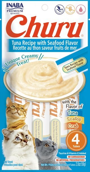 Inaba Churu Tuna Recipe with Seafood Flavor Creamy Puree Grain-Free Lickable Cat Treats