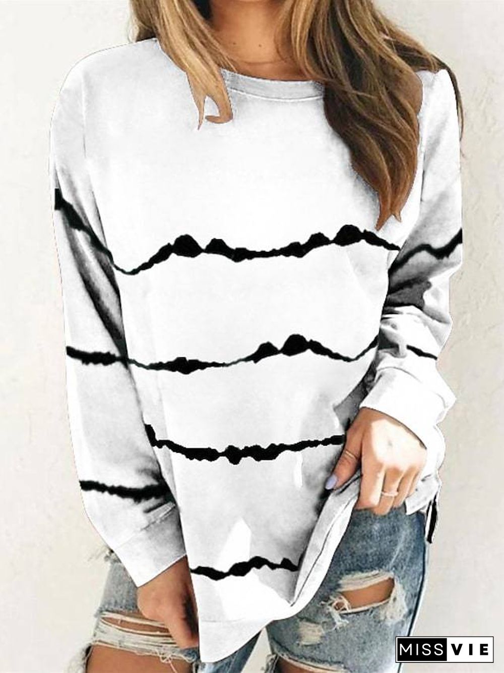 Women's Plus Size Tops T Shirt Print Striped Large Size Round Neck Long Sleeve Big Size