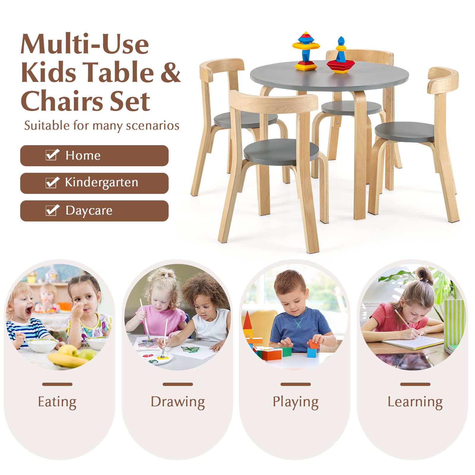 Costzon Kids Table and Chair Set, 5-Piece Wooden Activity Table w/ 4 Chairs