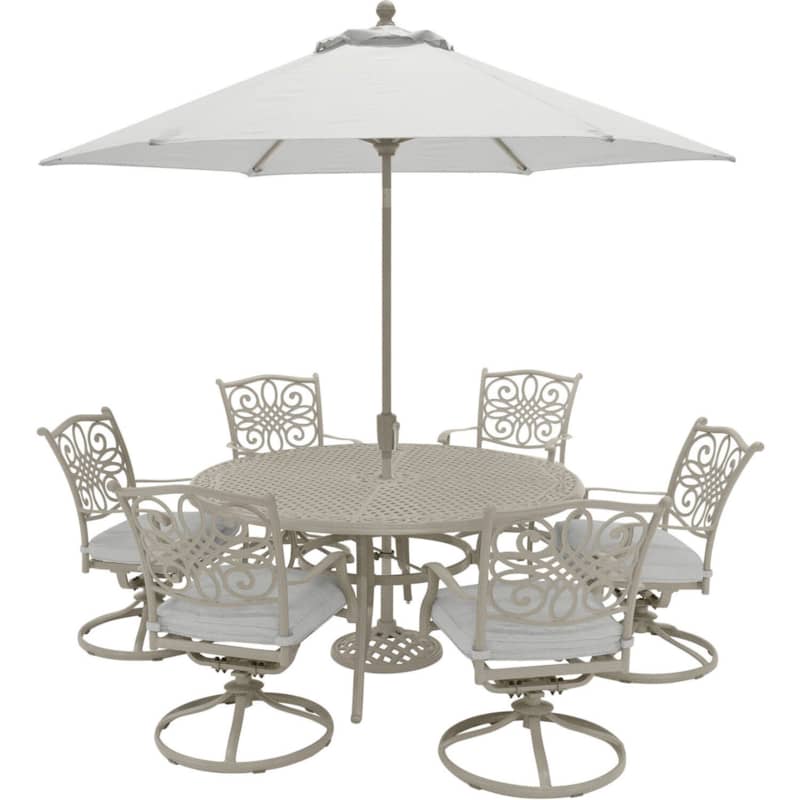 Hanover Traditions 7-Piece Outdoor Dining Set In Sand/Beige With 6 Swivel Rockers， 60 Round Cast Table， Umbrella， Base