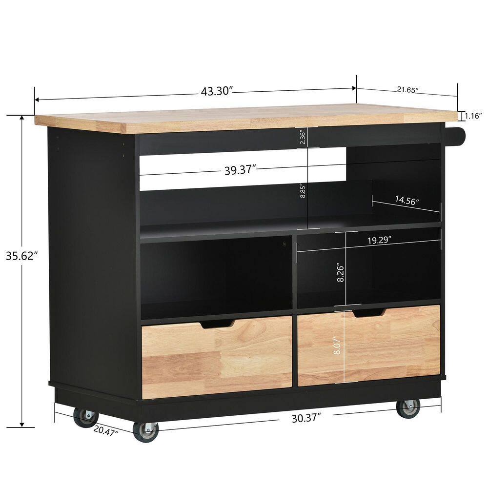 43 in. Black Kitchen Cart Rolling Mobile Kitchen Island Solid Wood Top for Kitchen Dining Room Bathroom LH-357