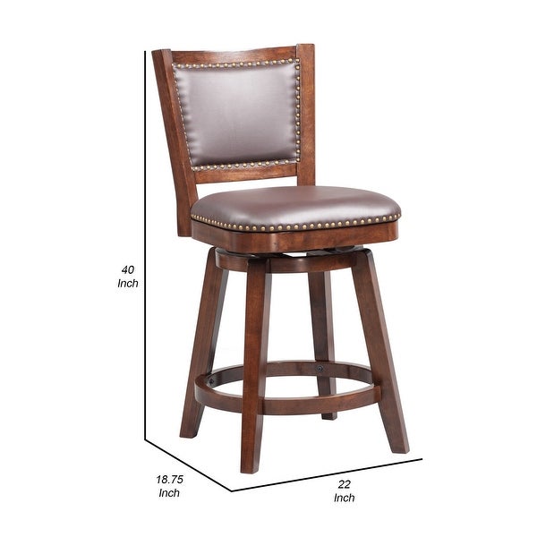 Swivel Counter Stool with Leatherette Padded Back and Nailhead Trim， Brown